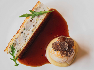 Saint Jacques Piquées à la truffe noire Salsifis rôtis au beurre de truffe Jus de barbes émulsionné