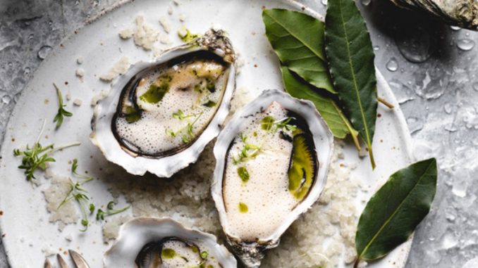 Huîtres Ostra Regal vapeur, émulsion de vinaigre de cidre, huile de laurier