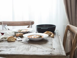 two white ceramic plates on brown wooden table